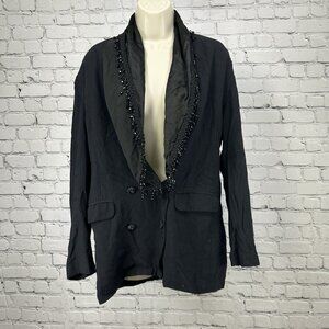 VTG Rhonda Harness Black Beaded Cowl Collar Double Breasted Blazer Size 14